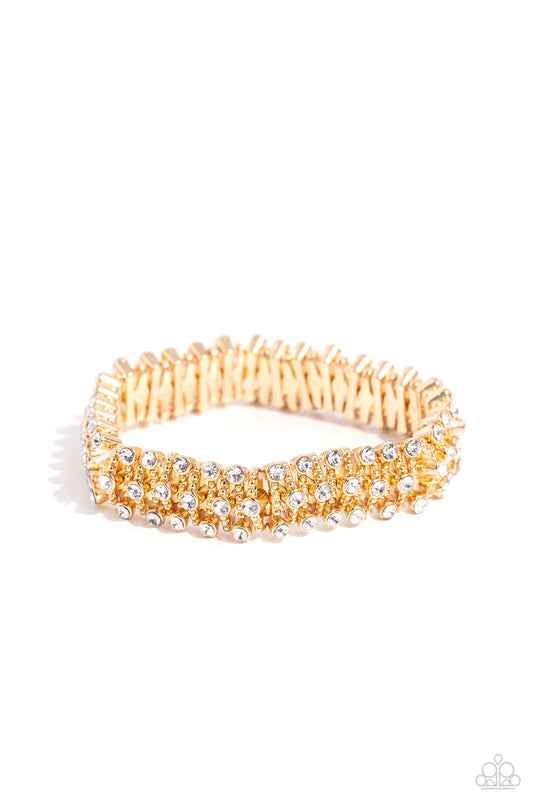 Corporate Confidence - Gold & Whie Rhinestone Glitzy Stretch Bracelet Paparazzi B1395