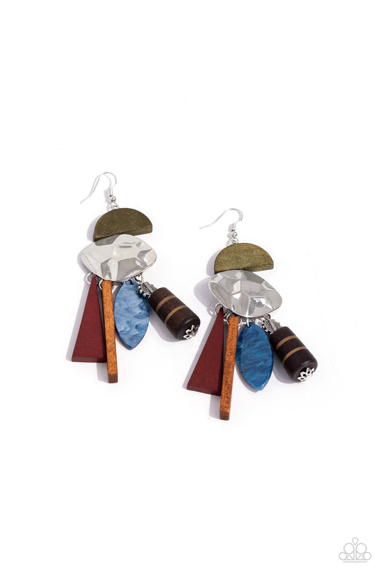 Textured Talisman - Multicolored - Silver, Shell, Acrylic & Wood Accent Fringe Earring Paparazzi E1766