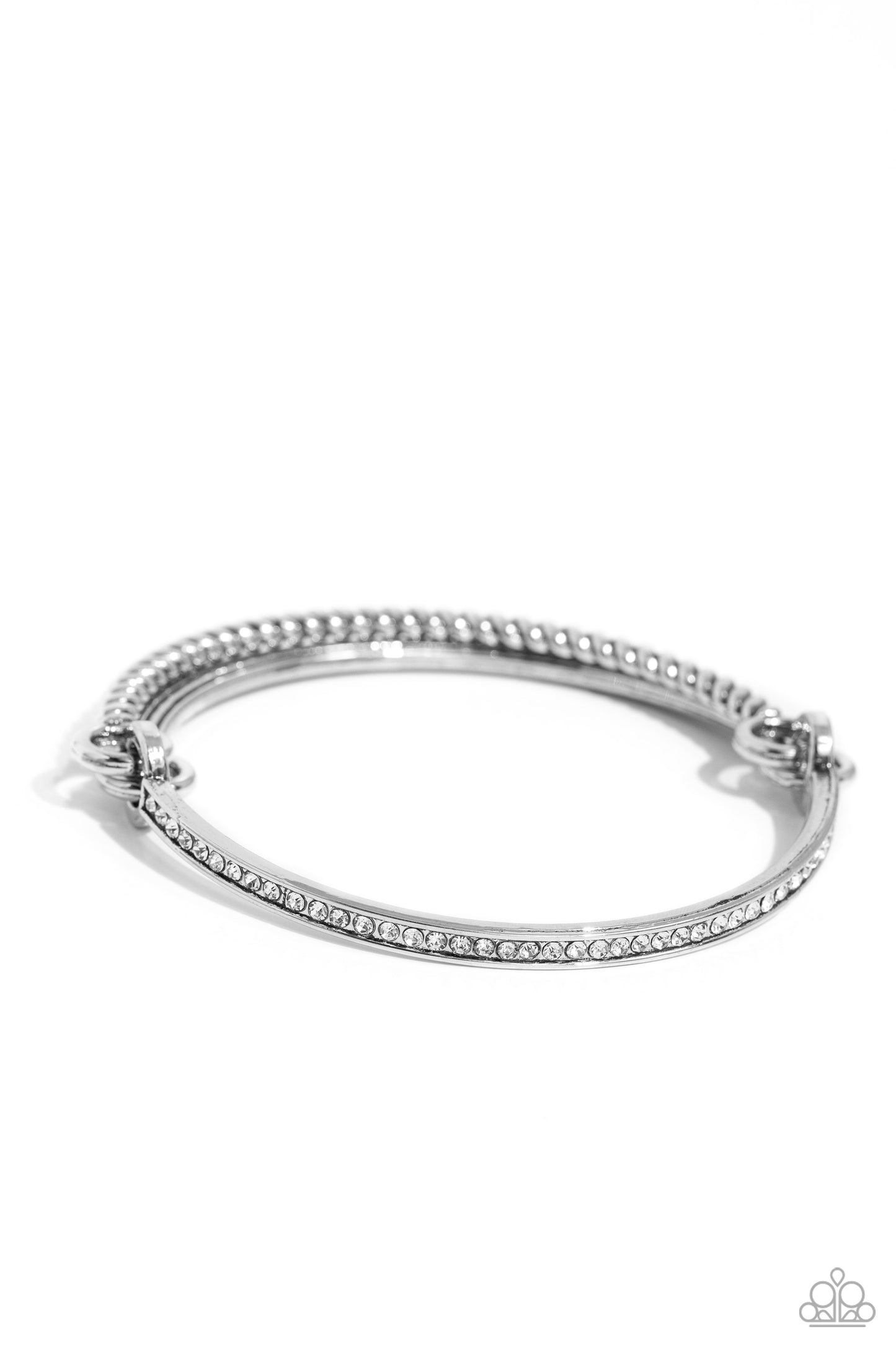 Thrilling Texture - White Rhinestone Silver Bangle Bracelet Paparazzi B1275