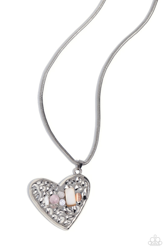 Tilted Trailblazer - Pink Rose Quartz, White & Peach Stone Silver Hammered Heart Necklace Paparazzi N2142