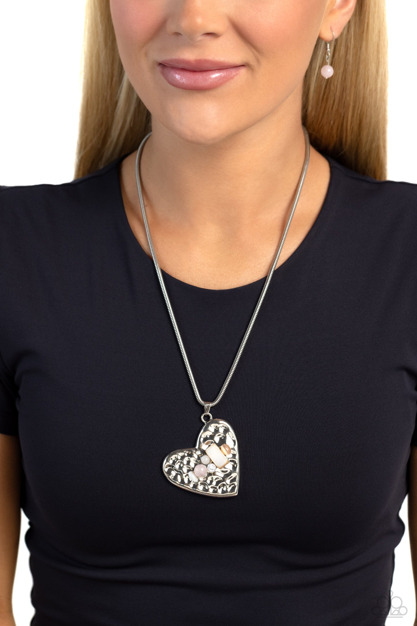 Tilted Trailblazer - Pink Rose Quartz, White & Peach Stone Silver Hammered Heart Necklace Paparazzi N2142