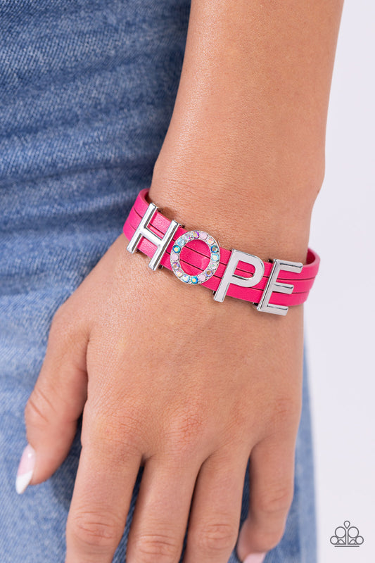 Hopeful Haute - Pink - Hot Pink Leather Strand Silver Letter "HOPE" Inspirational Bracelet Paparazzi B1390