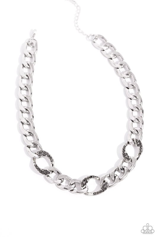 Gleaming Harmony - Silver Curb Chain Hematite Rhinestone Necklace Paparazzi N0892