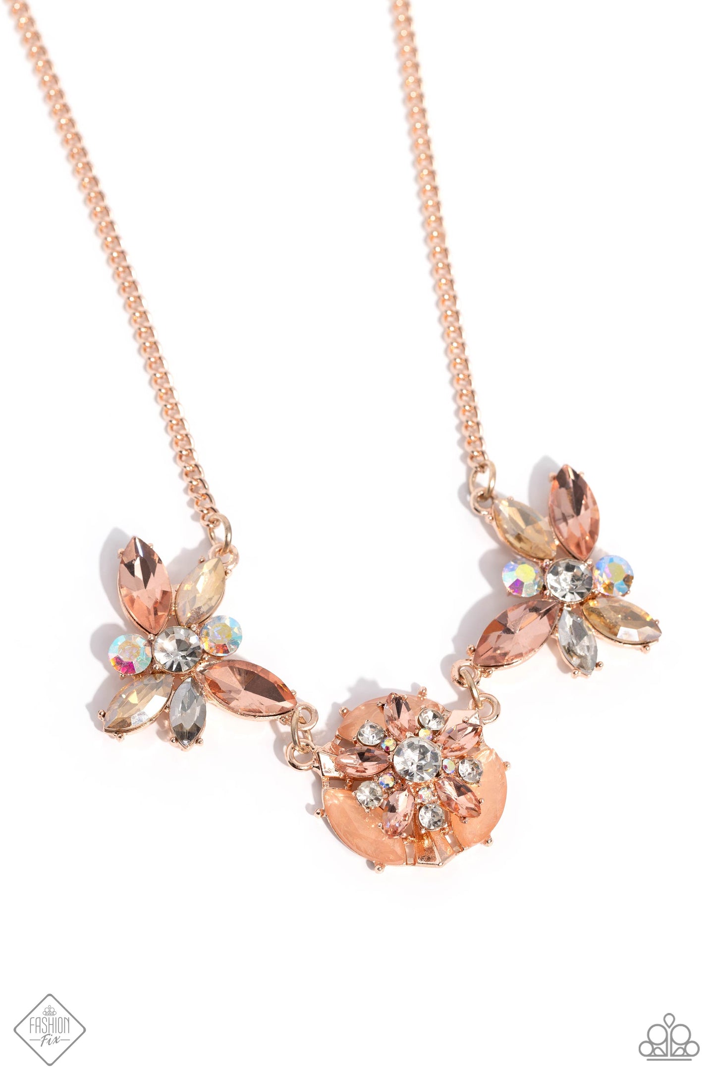 Soft-Hearted Series - Rose Gold Peach Gem, White & Iridescent Rhinestone Necklace Fashion Fix December 2023 Paparazzi N2060