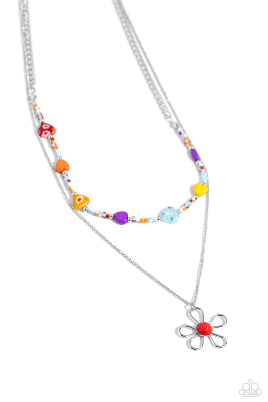 Traditionally Trendy - Red Multicolored Heart Silver Flower Necklace Paparazzi N2016