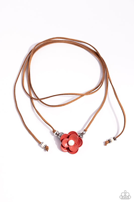 Wanderlust Wrap - White Stone, Burnt Sienna Flower On Brown Suede Wrap Necklace Paparazzi N3049