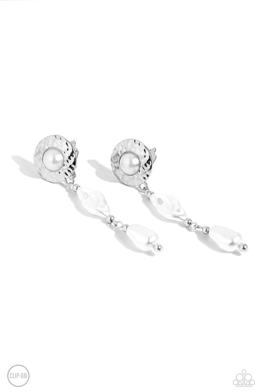 Modest MVP - White Baroque Pearl Silver Bead Clip-On Earring Paparazzi E2005