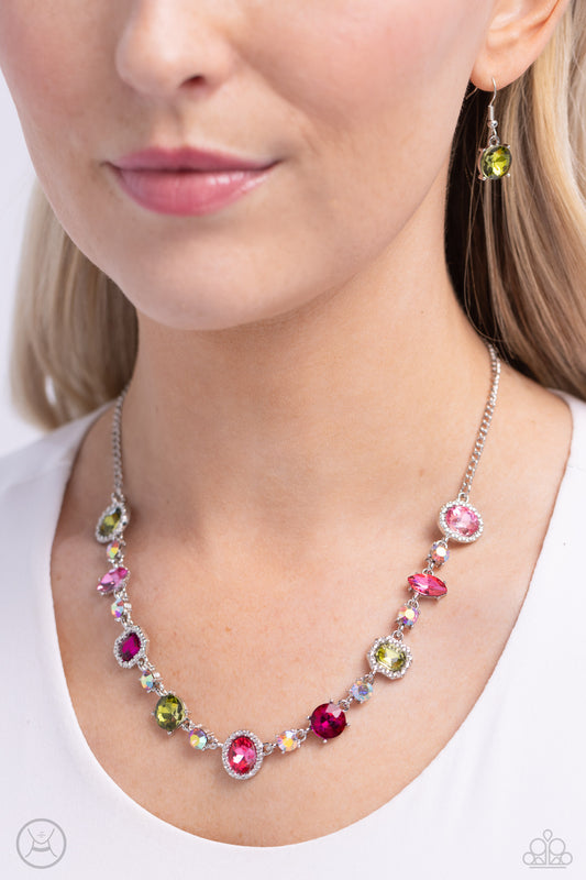 Dramatic Debut - Multicolored Pink, Green & Iridescent Rhinestone Choker Necklace Paparazzi N2149