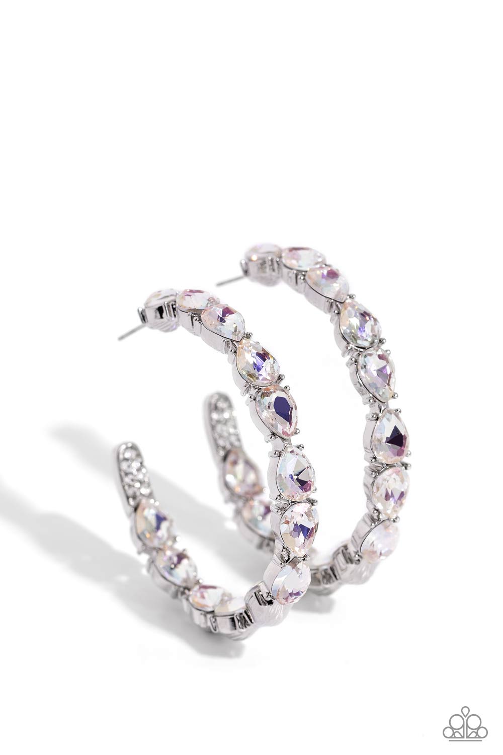 Presidential Pizzazz - White Glittery Rhinestone Silver 2 Inch Hoop Earring Life Of The Party March 2024 Paparazzi