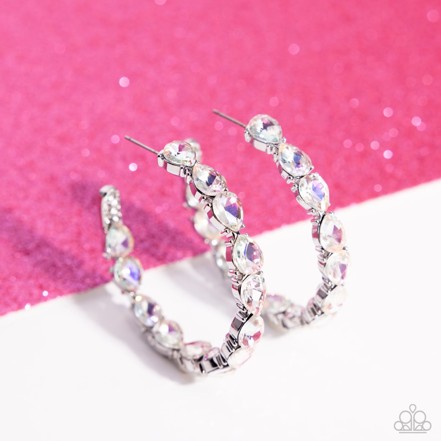 Presidential Pizzazz - White Glittery Rhinestone Silver 2 Inch Hoop Earring Life Of The Party March 2024 Paparazzi E2196