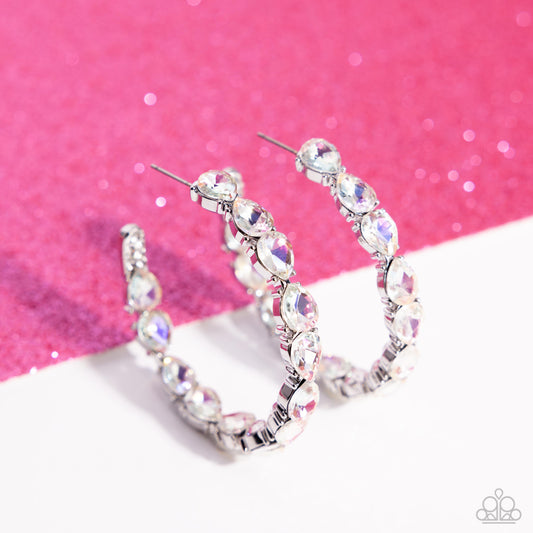 Presidential Pizzazz - White Glittery Rhinestone Silver 2 Inch Hoop Earring Life Of The Party March 2024 Paparazzi
