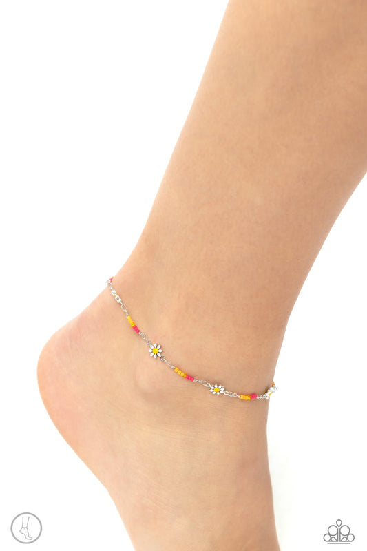 Sweetest Daydream - Pink Peacock, Orange, Yellow Seed Bead White Daisy Flower Anklet Paparazzi B1522