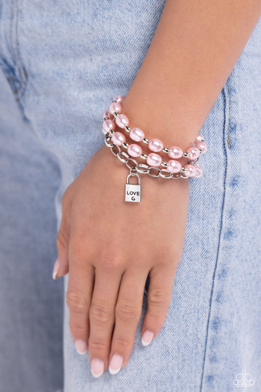 LOVE-Locked Legacy - Pink - Baby Pink Pearl Silver Lock Stamped “Love” Charm Inspirational Bracelet Paparazzi B1507