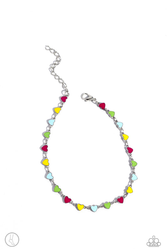 Dancing Delight Multicolored Hearts Pink, Yellow, Blue, Green & Silver Anklet Paparazzi B1535