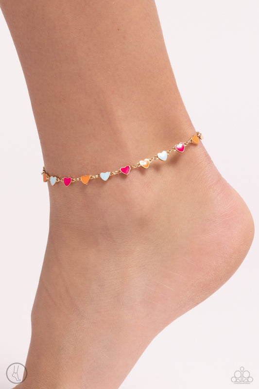 Dancing Delight Multicolored Pink, Orange, Skylight Heart Gold Link Anklet Paparazzi B1496