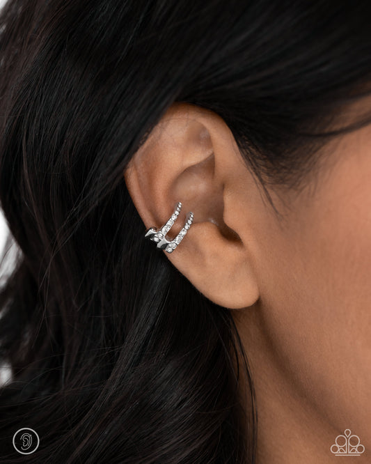 Glittery Glow Up silver & White Rhinestone Ear Cuff Earring Paparazzi E1929