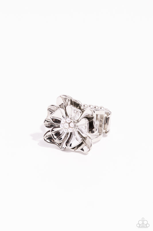 Pampered Petals - White Pearl 3D Silver Flower Ring Paparazzi R0697