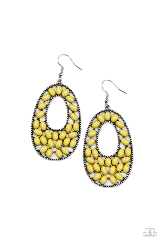 Beaded Shores Yellow - Bright Yellow Silver Frame Earring Paparazzi E0131