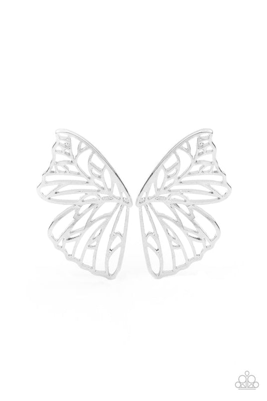 Butterfly Frills Silver Post Earring August 2021 Life Of The Party Paparazzi E0200