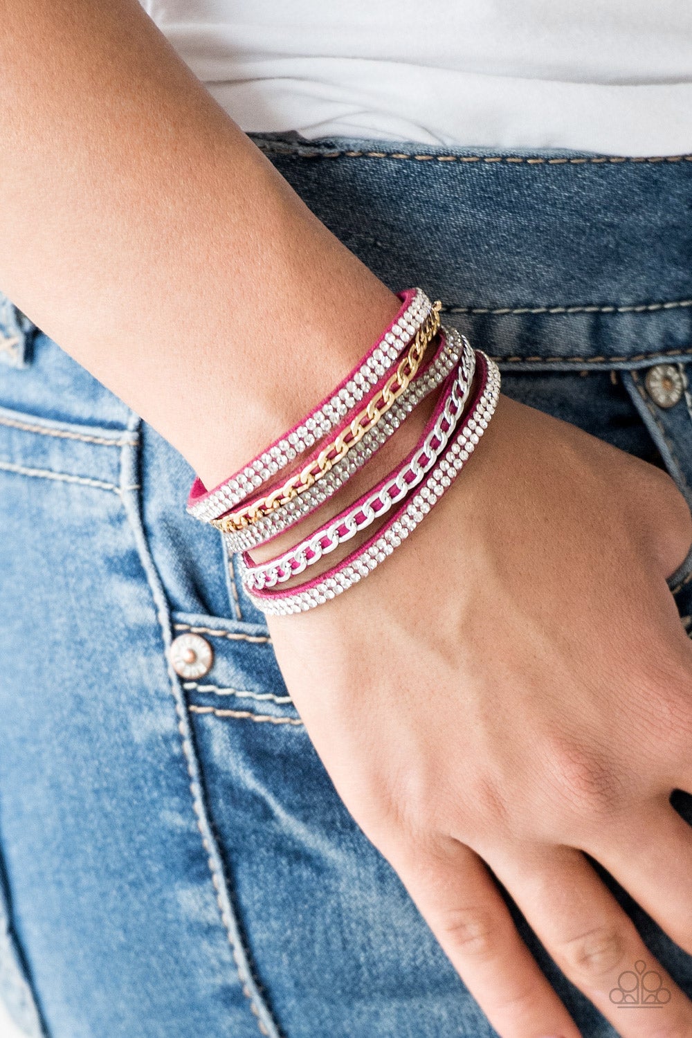 Fashion Fiend Pink Suede White And Smoky Rhinestone Wrap Snap Bracelet Paparazzi B0007