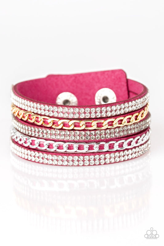 Fashion Fiend Pink Suede White And Smoky Rhinestone Wrap Snap Bracelet Paparazzi B0007