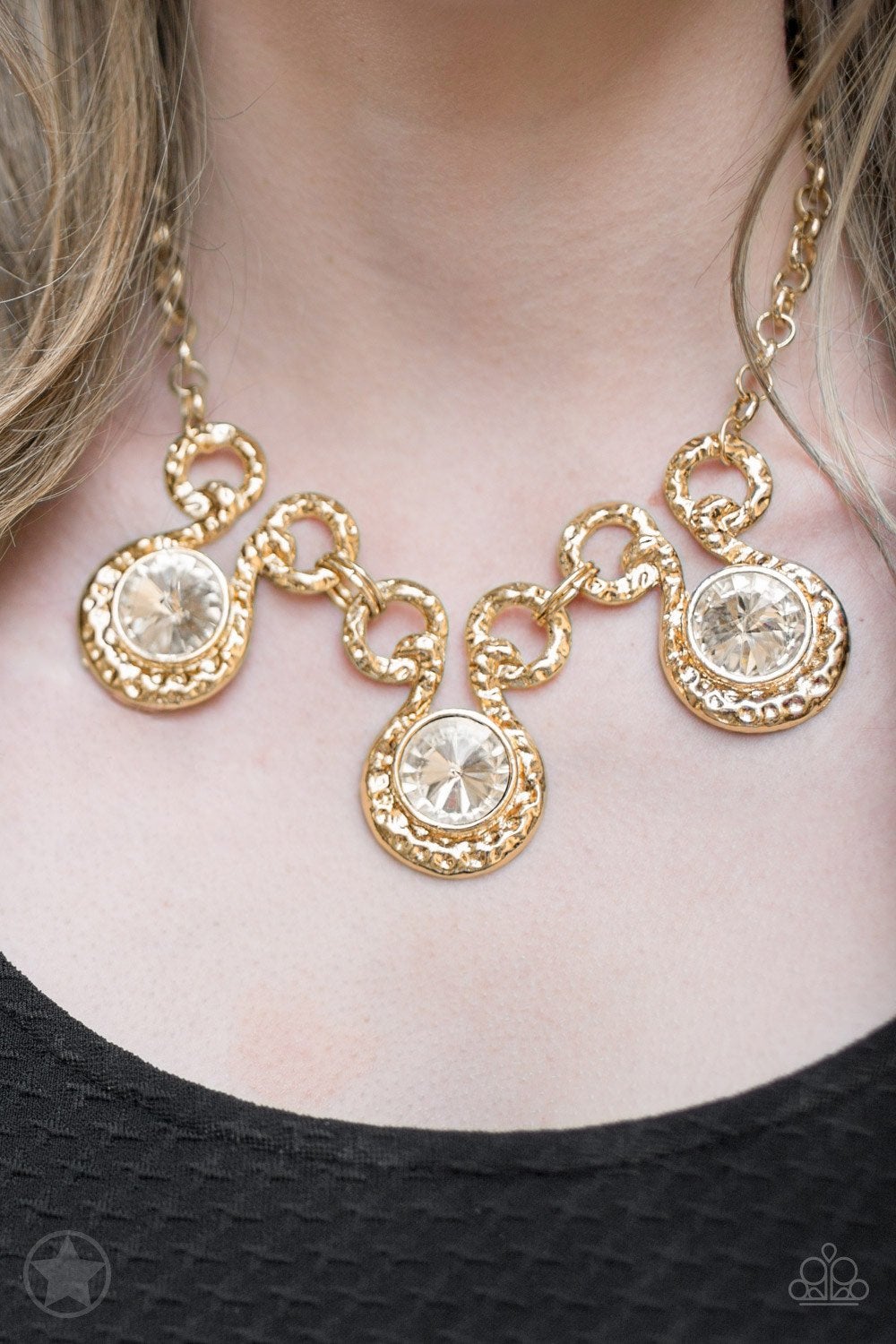 Hypnotized Gold & White Oversized Rhinestone Blockbuster Necklace Paparazzi N0106