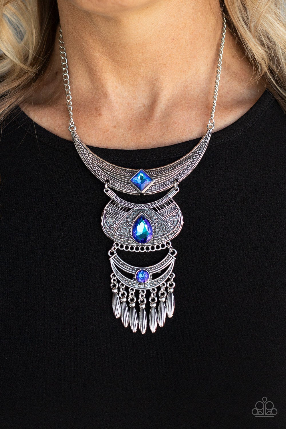 Lunar Enchantment - Blue UV Shimmer Rhinestone Silver Half Moon Plate Necklace Paparazzi N0314