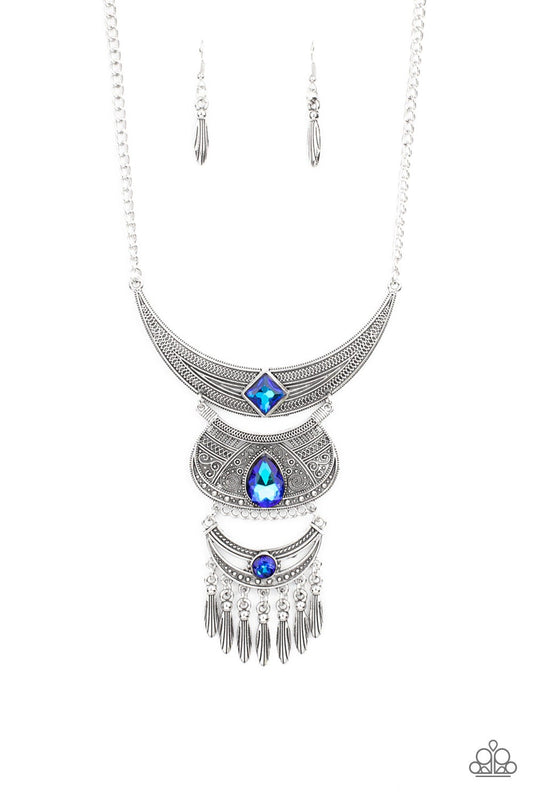 Lunar Enchantment - Blue UV Shimmer Rhinestone Silver Half Moon Plate Necklace Paparazzi N0314