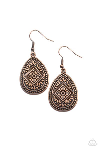 Mayan Mecca Copper Geometric Pattern Teardrop Earring Paparazzi E0121