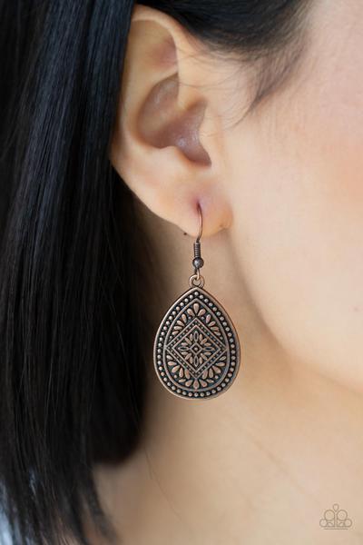 Mayan Mecca Copper Geometric Pattern Teardrop Earring Paparazzi E0121