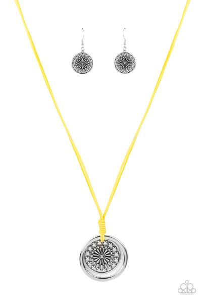 One Mandala Show Yellow Suede Cord Silver Ring Necklace Paparazzi N0334