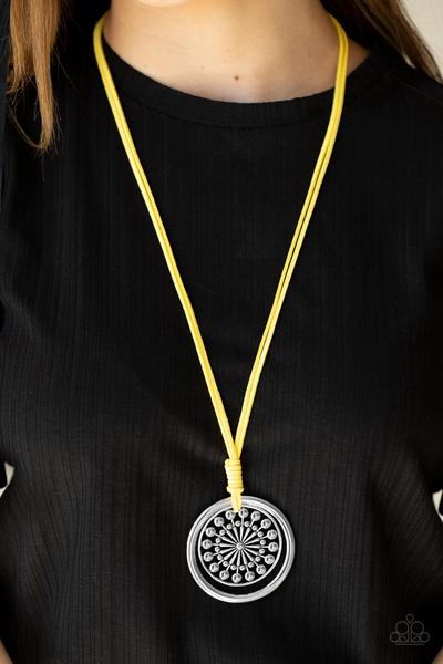 One Mandala Show Yellow Suede Cord Silver Ring Necklace Paparazzi N0334