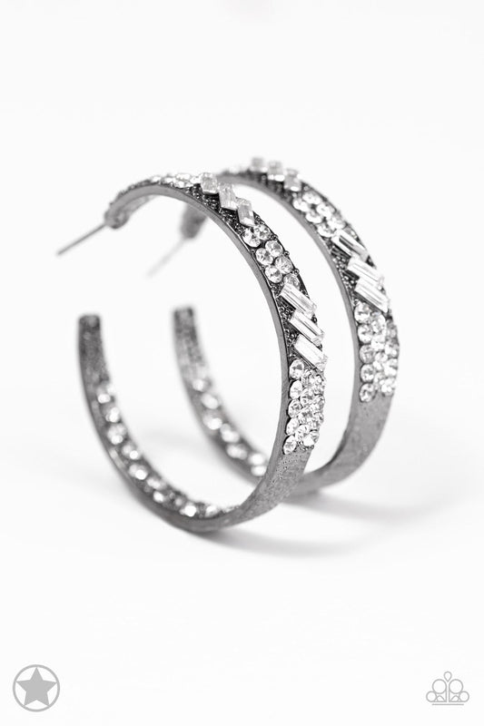 Glitzy by Association Gunmetal White Rhinestone Blockbuster 1 3/4 Inch Hoop Earring Paparazzi E0003