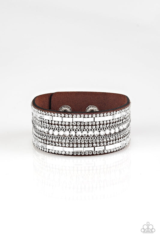 Rebel Radiance Brown Suede White Rhinestone Wrap Snap Bracelet Paparazzi B0021