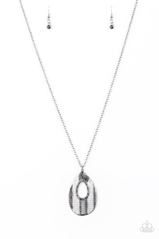 Stop Teardrop And Roll Multi Blue, Hematite, Smokey Rhinestone Gunmetal Teardrop Necklace Paparazzi N0304