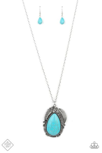 Tropical Mirage Blue Turquoise Stone Silver Feather Santa Fe Style Necklace Paparazzi N0129