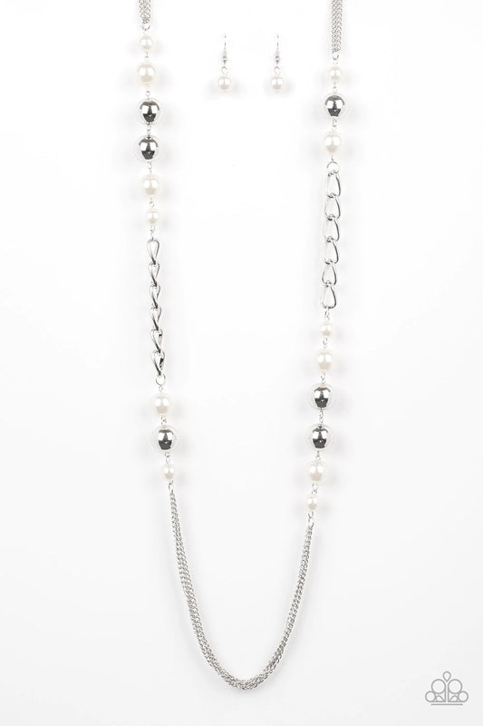 Uptown Talker White Pearly Bead Silver Chain Necklace Paparazzi N0075