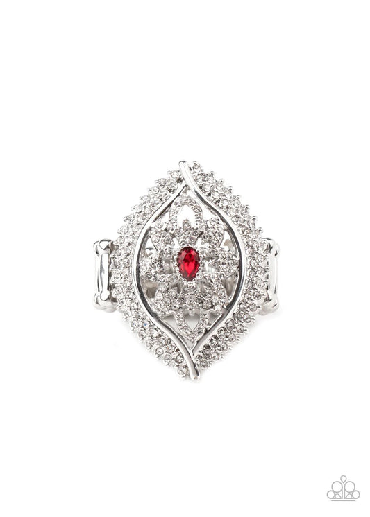 Glammed Up Gardens Red And White Rhinestone Ring Paparazzi R0323