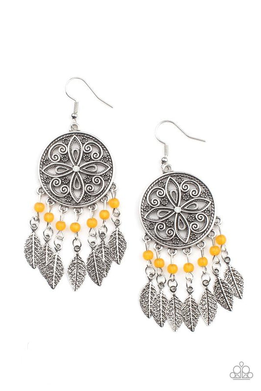 Free Spirited Fashionista Orange Silver Leaf Earring Paparazzi E0931