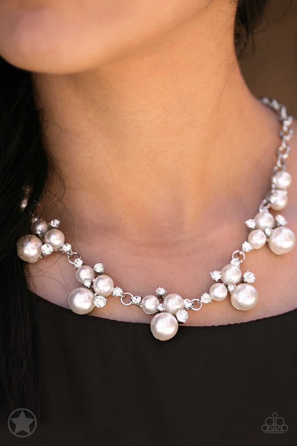 Toast to Perfection Silver, White Pearl & Rhinestone Blockbuster Necklace Paparazzi N0041