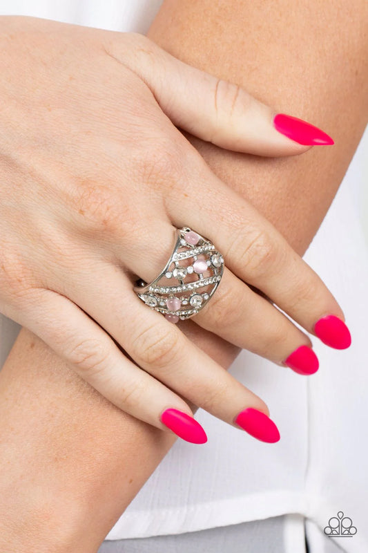 Bubbles for Brunch - Pink Cat's Eye White Rhinestone Silver Ring Paparazzi R1164