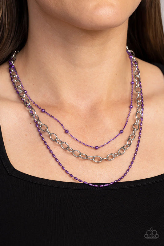 Mardi Gras Mayhem Purple - Electric Purple & Silver Chain Necklace Summer Party Pack 2023 Paparazzi N1699