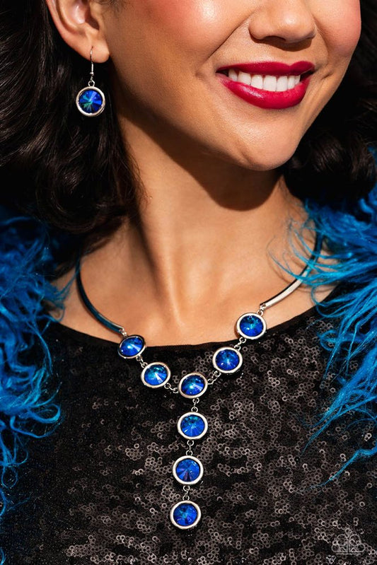 Cheers To Confidence - Blue Iridescent Gem Silver Y Necklace Exclusive Paparazzi N3086