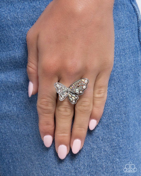 Paparazzi Hovering Haute White Iridescent Rhinestone & Pearl Butterfly Ring Gimme The Glitz 2025 R1384