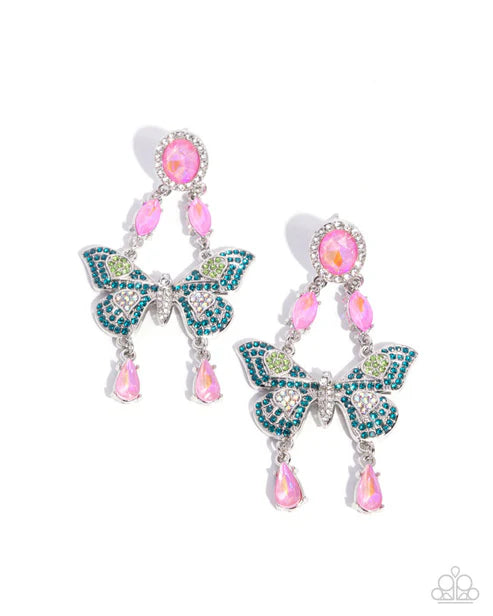 Fluttering Finish Multi UV Splashed Pink Rhinestone Frame & Blue Green Iridescent Rhinestone Butterfly Post Earring 2025 Summer Party Pack Paparazzi E2930