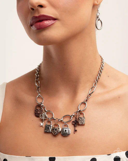 Padlock Pairing Multi Silver Chunky Chain Lock & Key Charms In Silver, Gold, Copper Necklace Paparazzi 2025 Summer Party Pack N3354