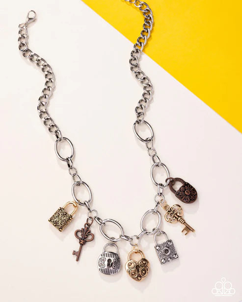 Padlock Pairing Multi Silver Chunky Chain Lock & Key Charms In Silver, Gold, Copper Necklace Paparazzi 2025 Summer Party Pack N3354