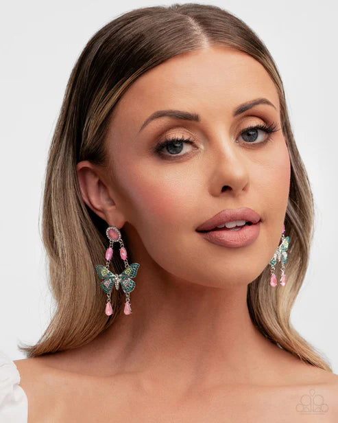 Fluttering Finish Multi UV Splashed Pink Rhinestone Frame & Blue Green Iridescent Rhinestone Butterfly Post Earring 2025 Summer Party Pack Paparazzi E2930