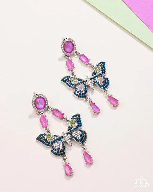 Fluttering Finish Multi UV Splashed Pink Rhinestone Frame & Blue Green Iridescent Rhinestone Butterfly Post Earring 2025 Summer Party Pack Paparazzi E2930