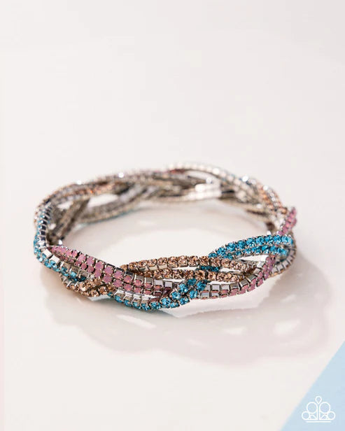 Treasured Twist Multi Peach, Aquamarine, Light Pink Rhinestone Braided Bracelet 2025 Summer Party Pack Paparazzi B2259